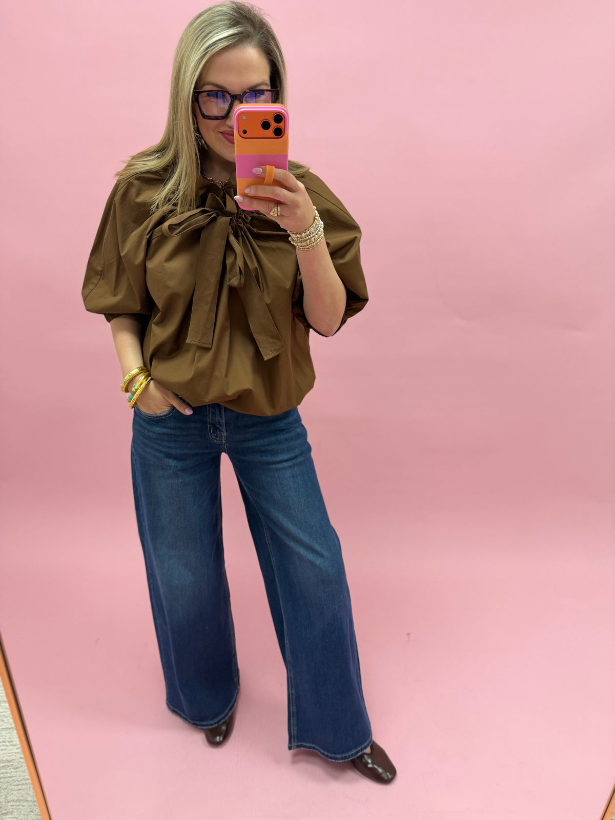 Brown Ruffle Neck Front Tie Top