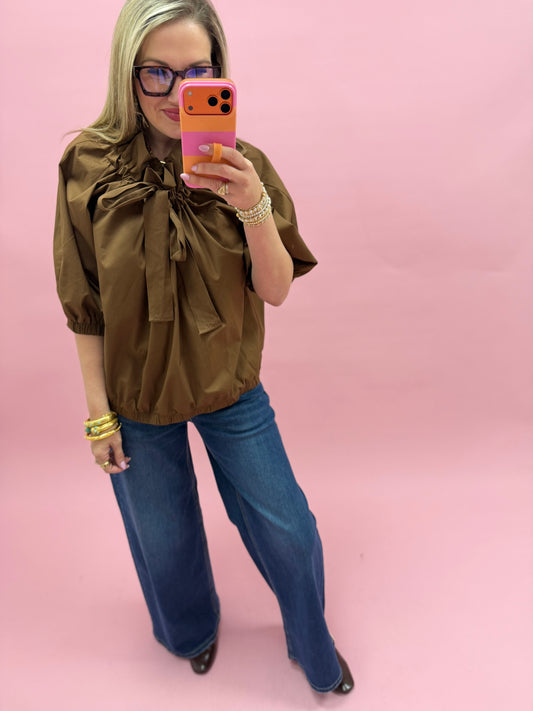 Brown Ruffle Neck Front Tie Top