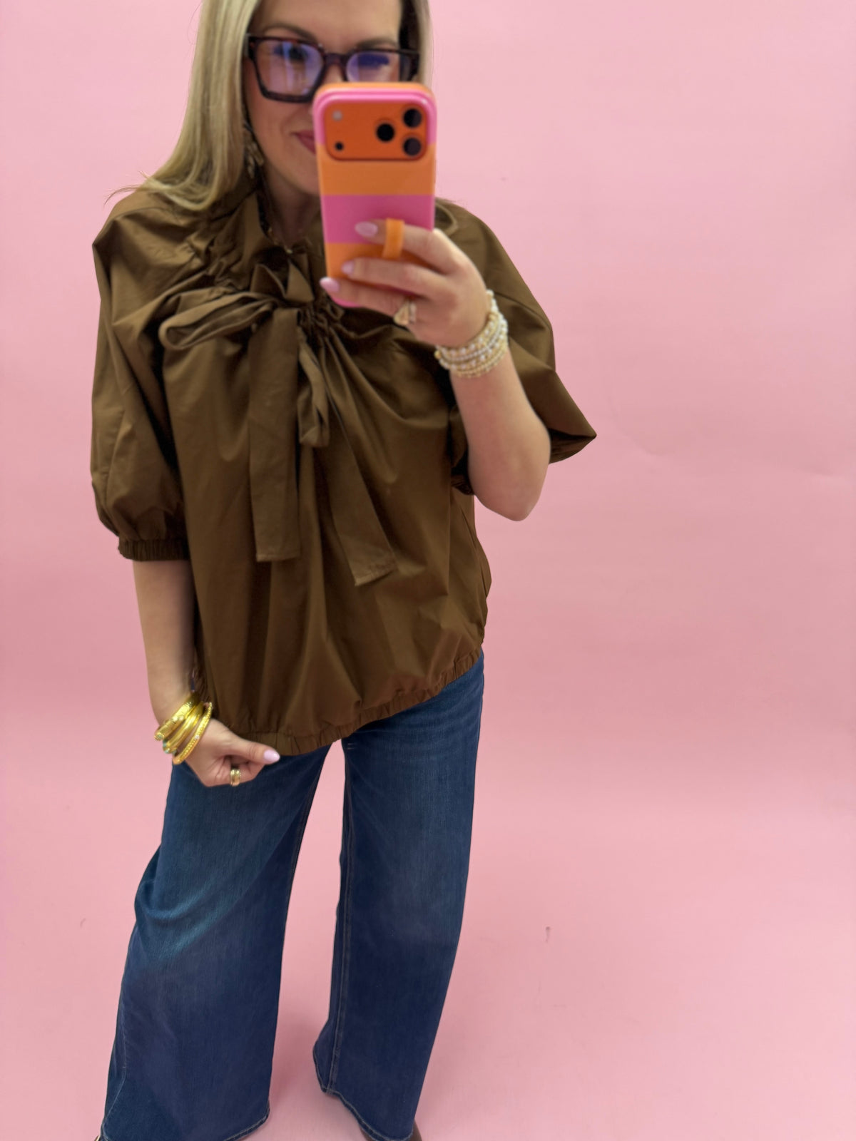 Brown Ruffle Neck Front Tie Top