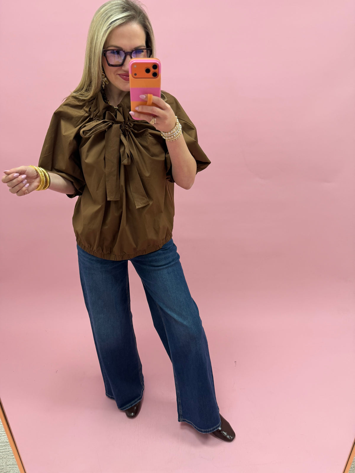 Brown Ruffle Neck Front Tie Top