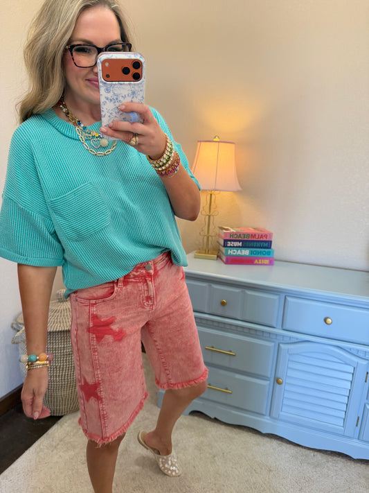 Turquoise Raised Rib Short Sleeve Front Pocket Top