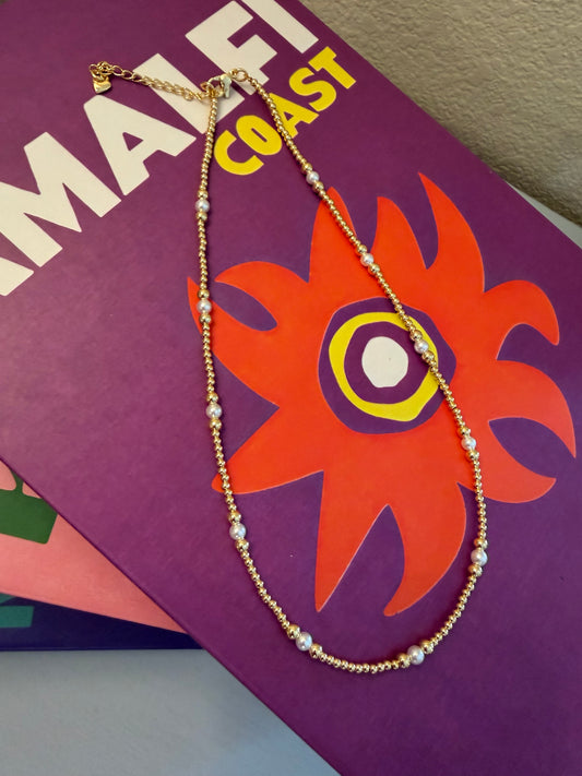 Dainty Gold Bead and Pearl Necklace