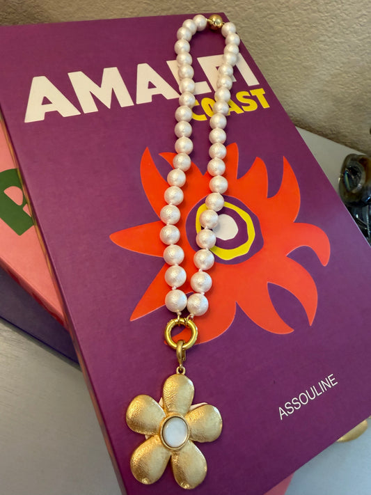 White Magnetic Bead Necklace With Removable Flower Charm