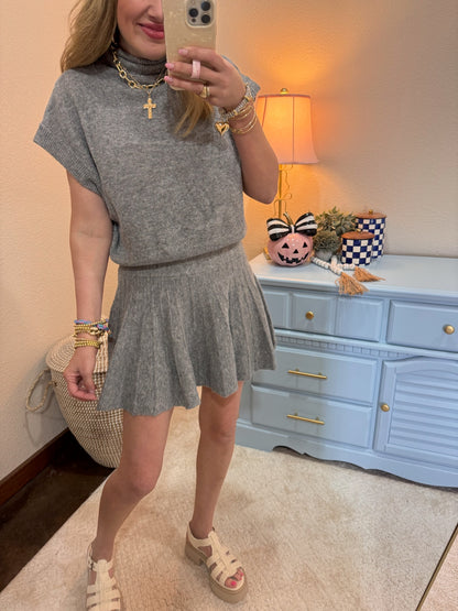 Gray Turtleneck Top and Pleated Skirt Set