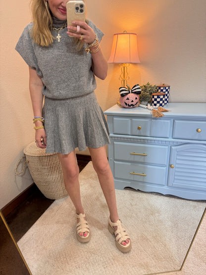 Gray Turtleneck Top and Pleated Skirt Set