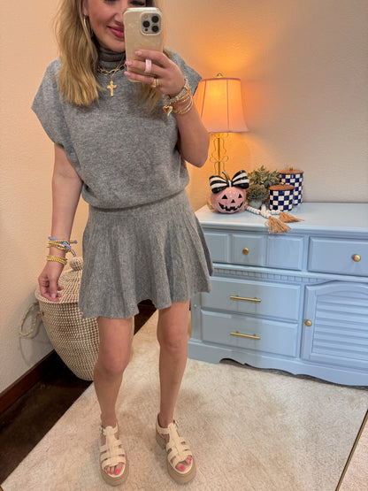 Gray Turtleneck Top and Pleated Skirt Set