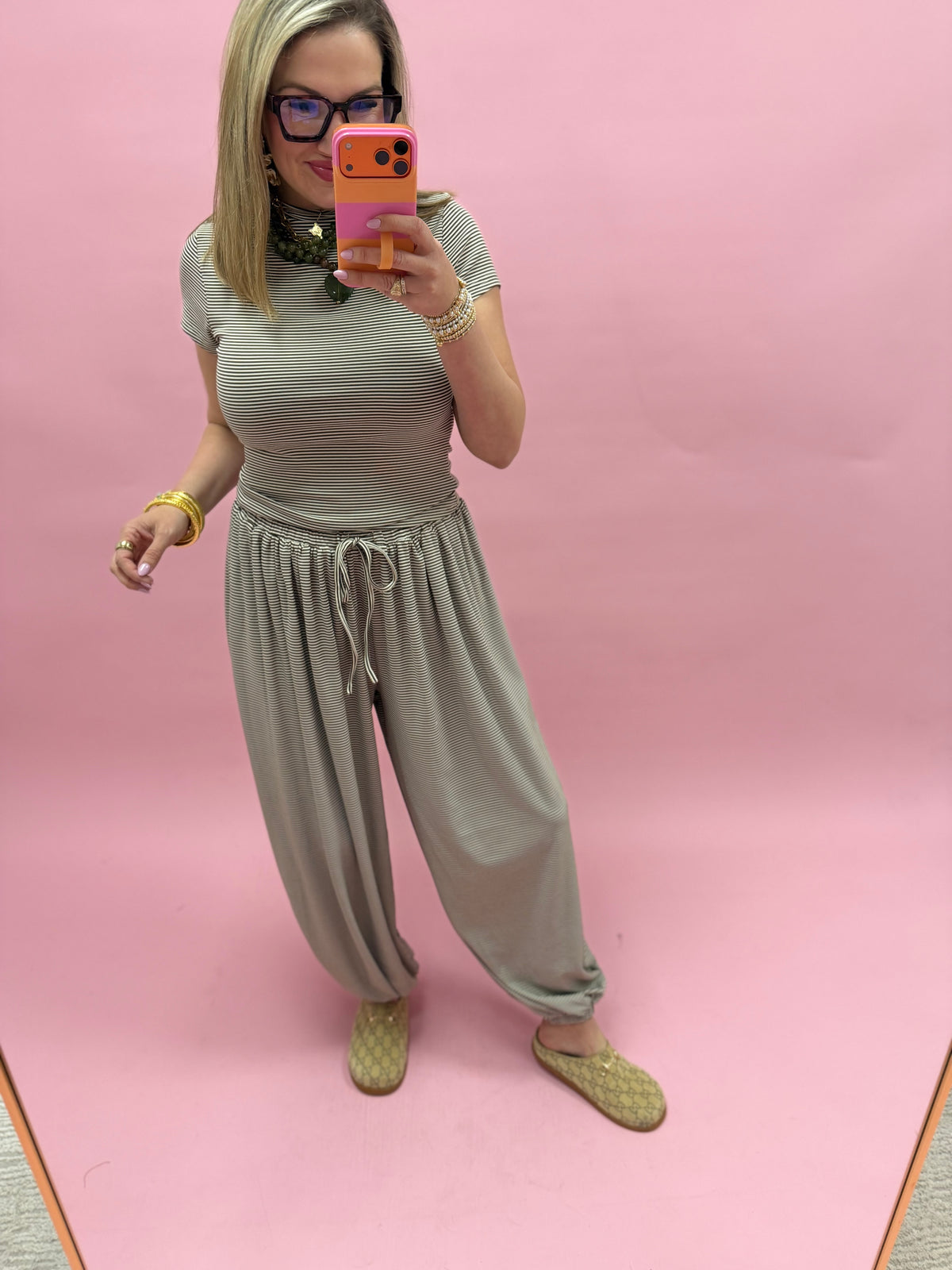 Brown & Cream Striped Knit Mock Neck Top with Drawstring Pants Set