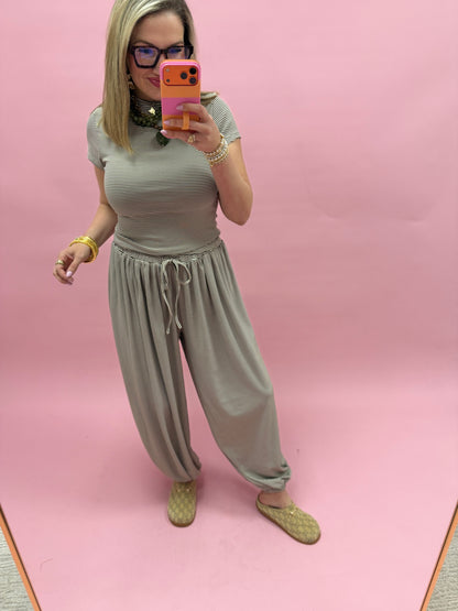 Brown & Cream Striped Knit Mock Neck Top with Drawstring Pants Set