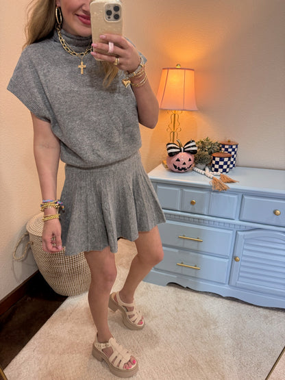 Gray Turtleneck Top and Pleated Skirt Set