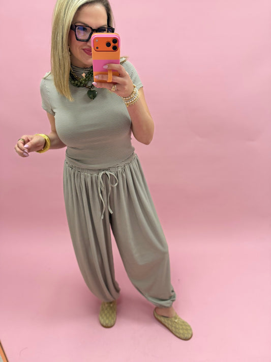 Brown & Cream Striped Knit Mock Neck Top with Drawstring Pants Set