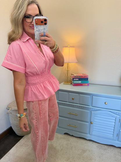 Pink Drop Shoulder Short Sleeve Woven Top with Contrast Piping