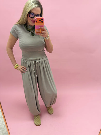 Brown & Cream Striped Knit Mock Neck Top with Drawstring Pants Set