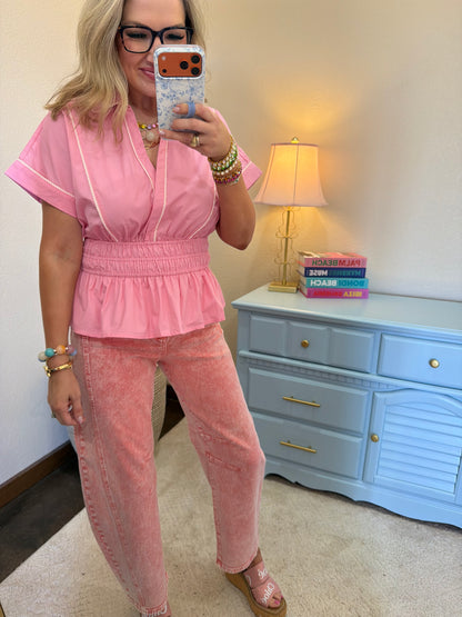 Pink Drop Shoulder Short Sleeve Woven Top with Contrast Piping