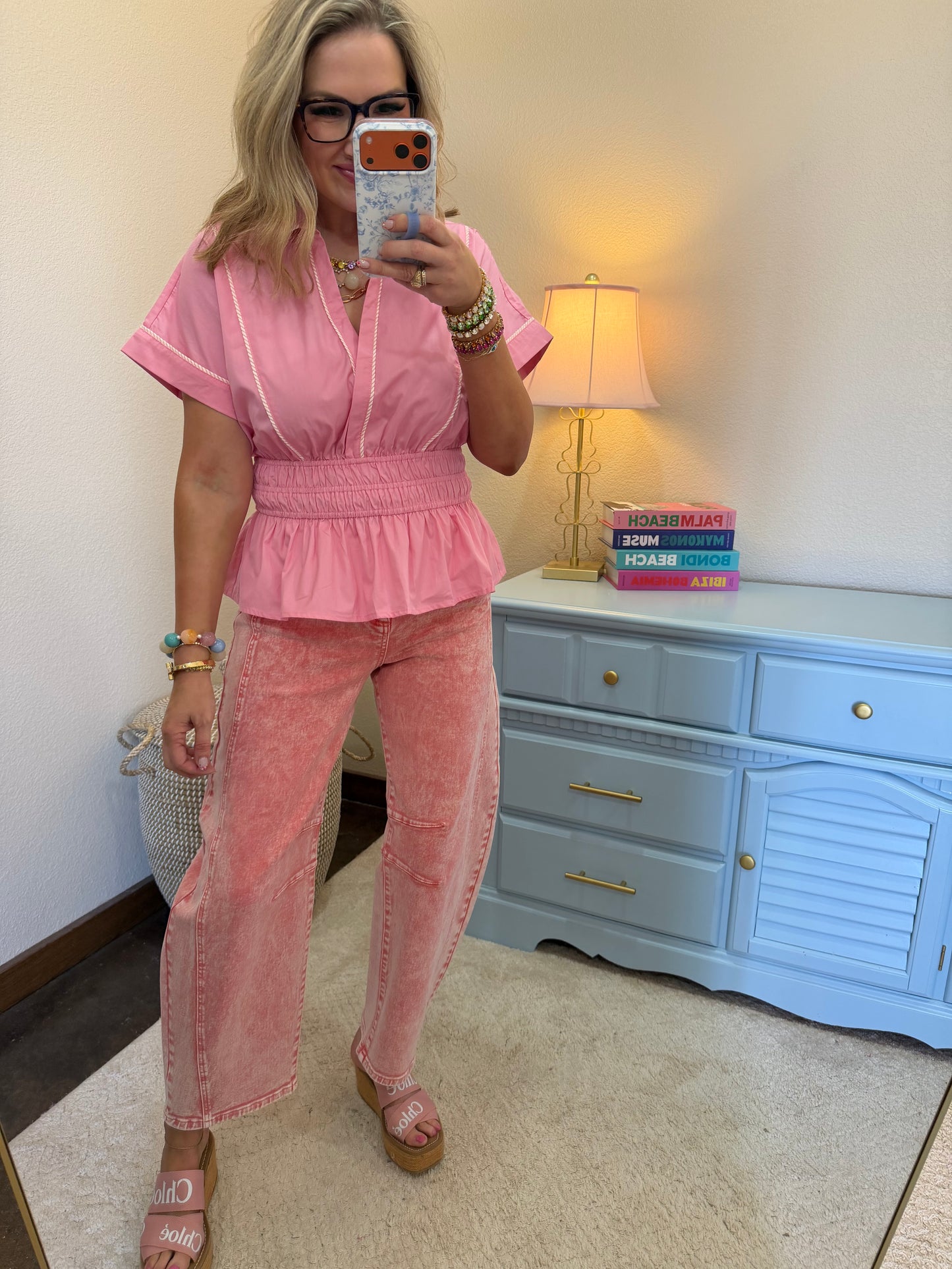 Pink Drop Shoulder Short Sleeve Woven Top with Contrast Piping