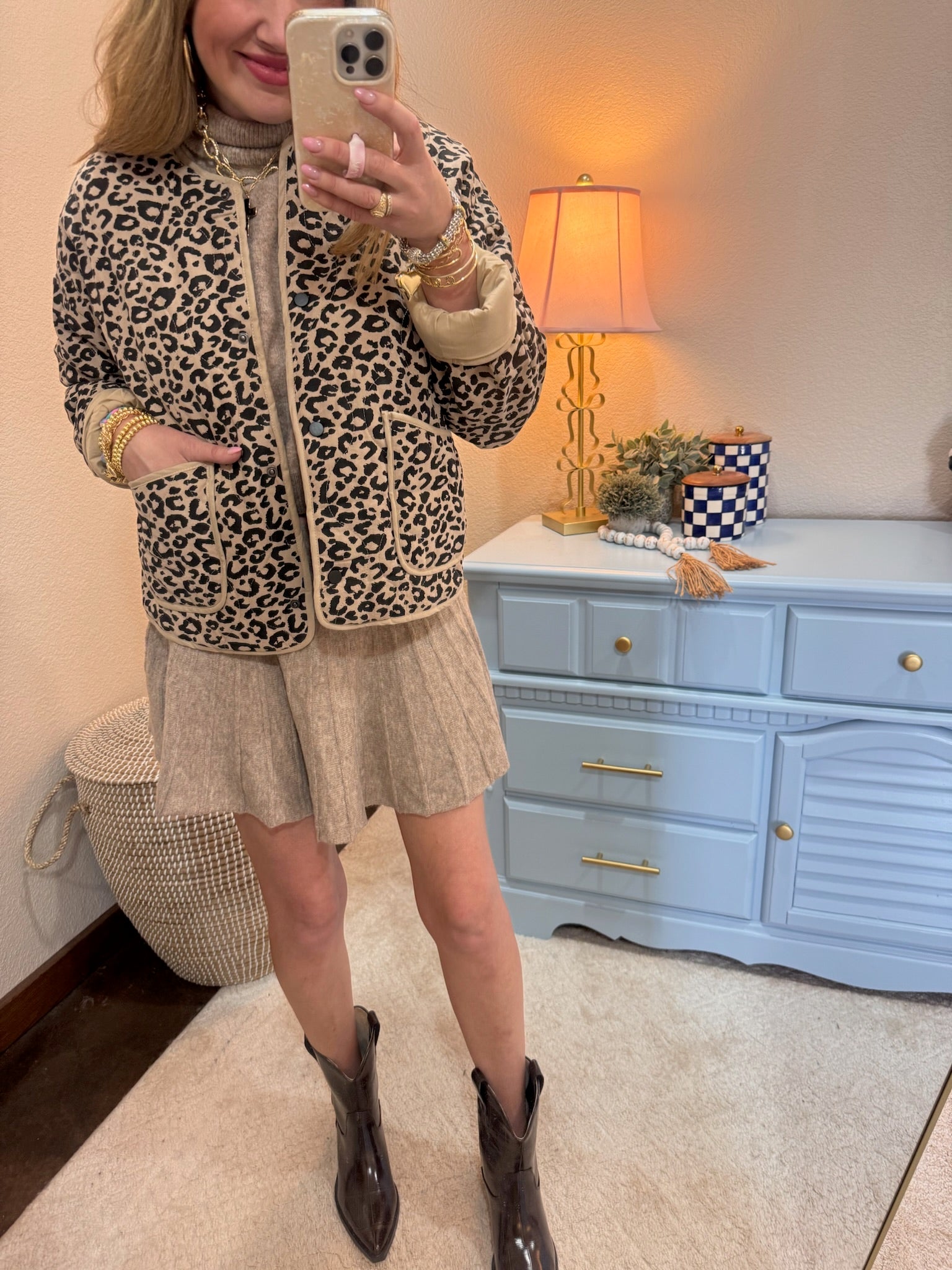 Khaki Leopard Quilted Puffer Jacket