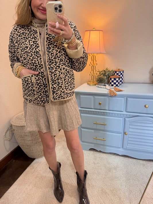 Khaki Leopard Quilted Puffer Jacket