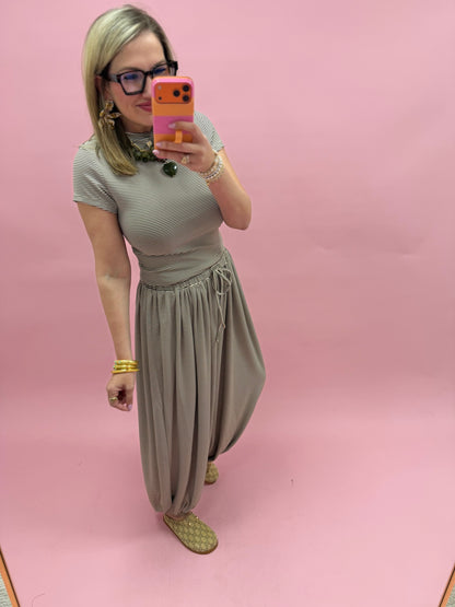 Brown & Cream Striped Knit Mock Neck Top with Drawstring Pants Set