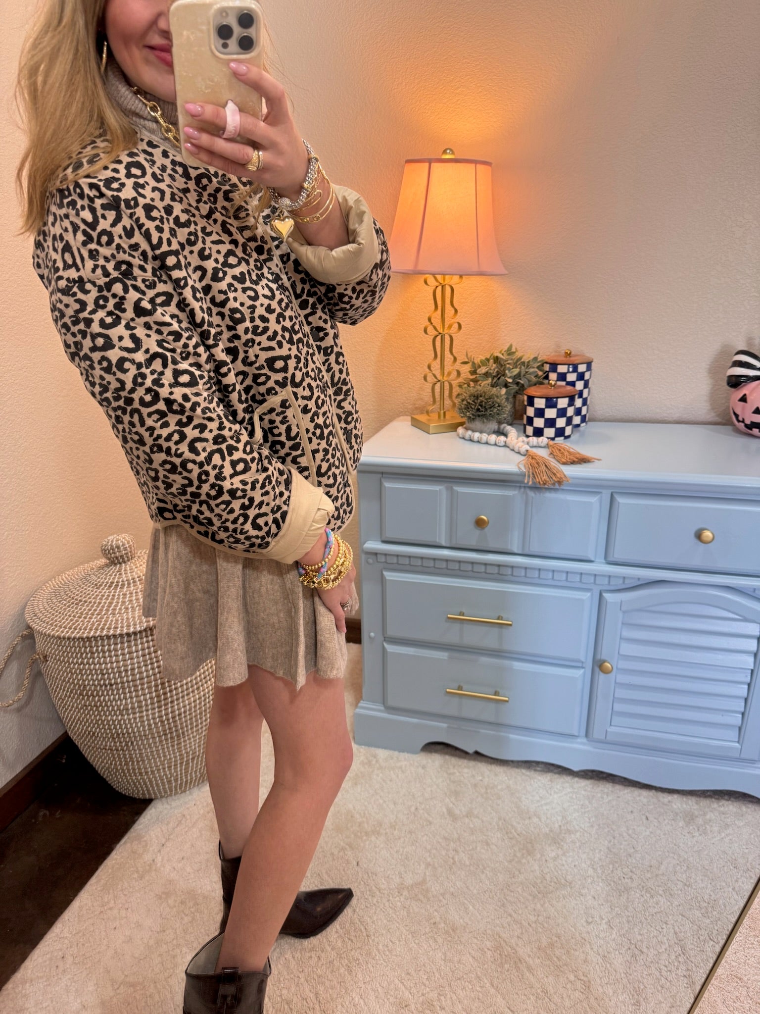 Khaki Leopard Quilted Puffer Jacket