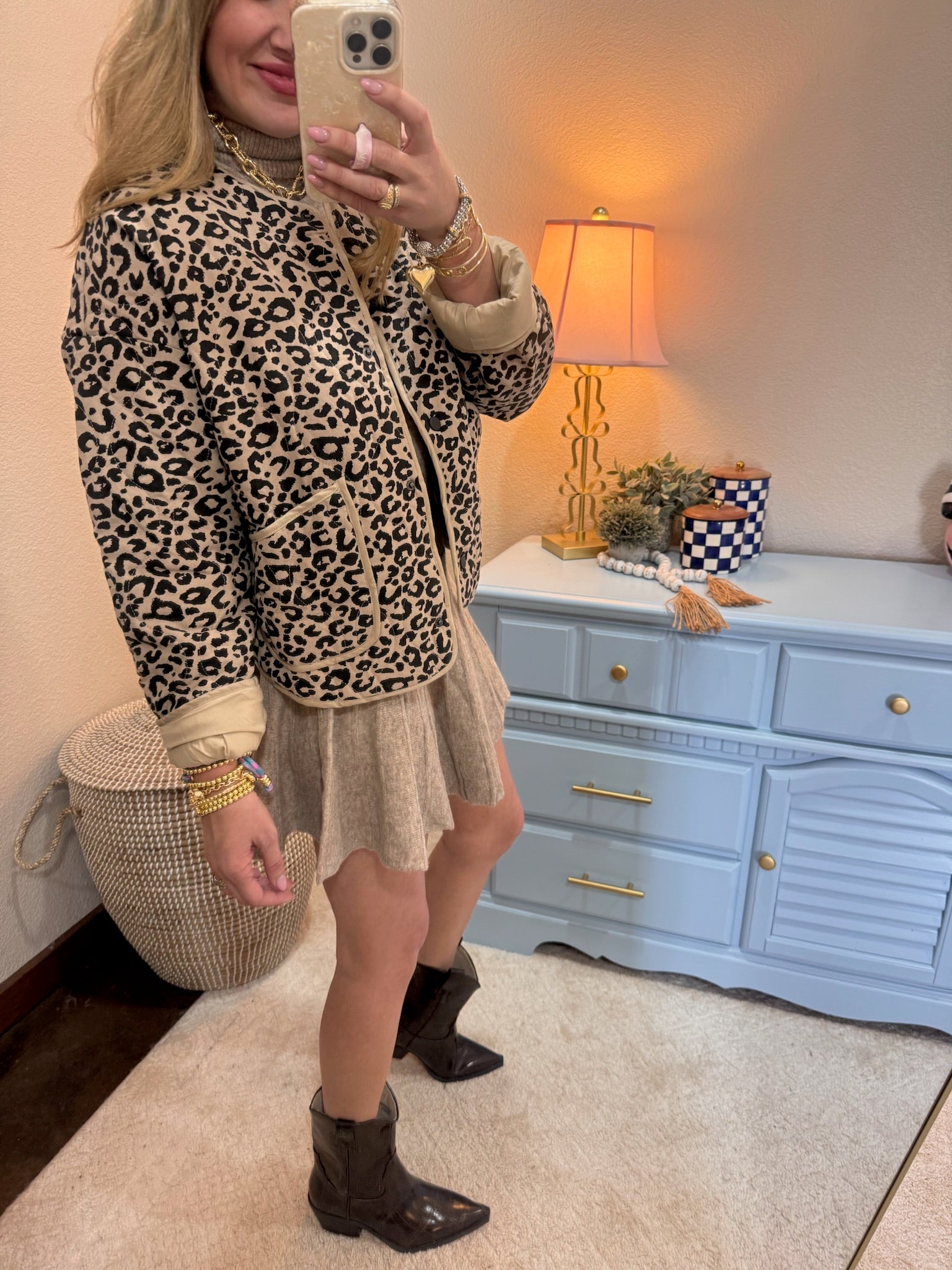 Khaki Leopard Quilted Puffer Jacket