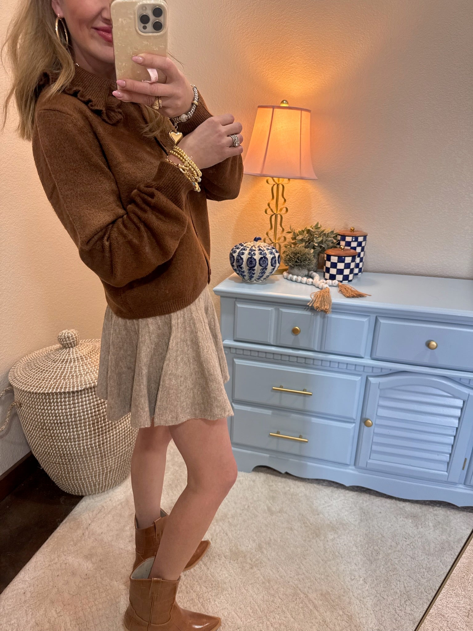 Brown Ruffle Collar Cardigan Sweater