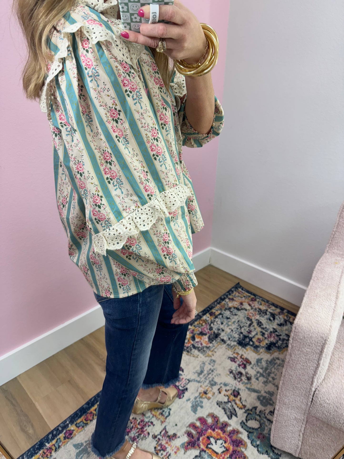Turquoise and Cream Eyelet Neck Top