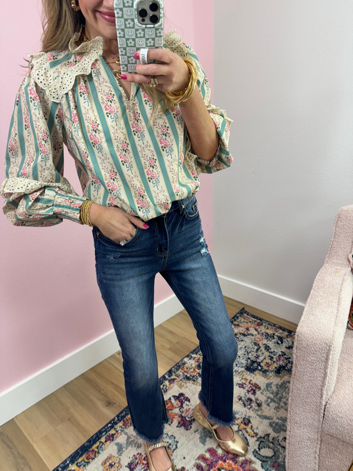 Turquoise and Cream Eyelet Neck Top