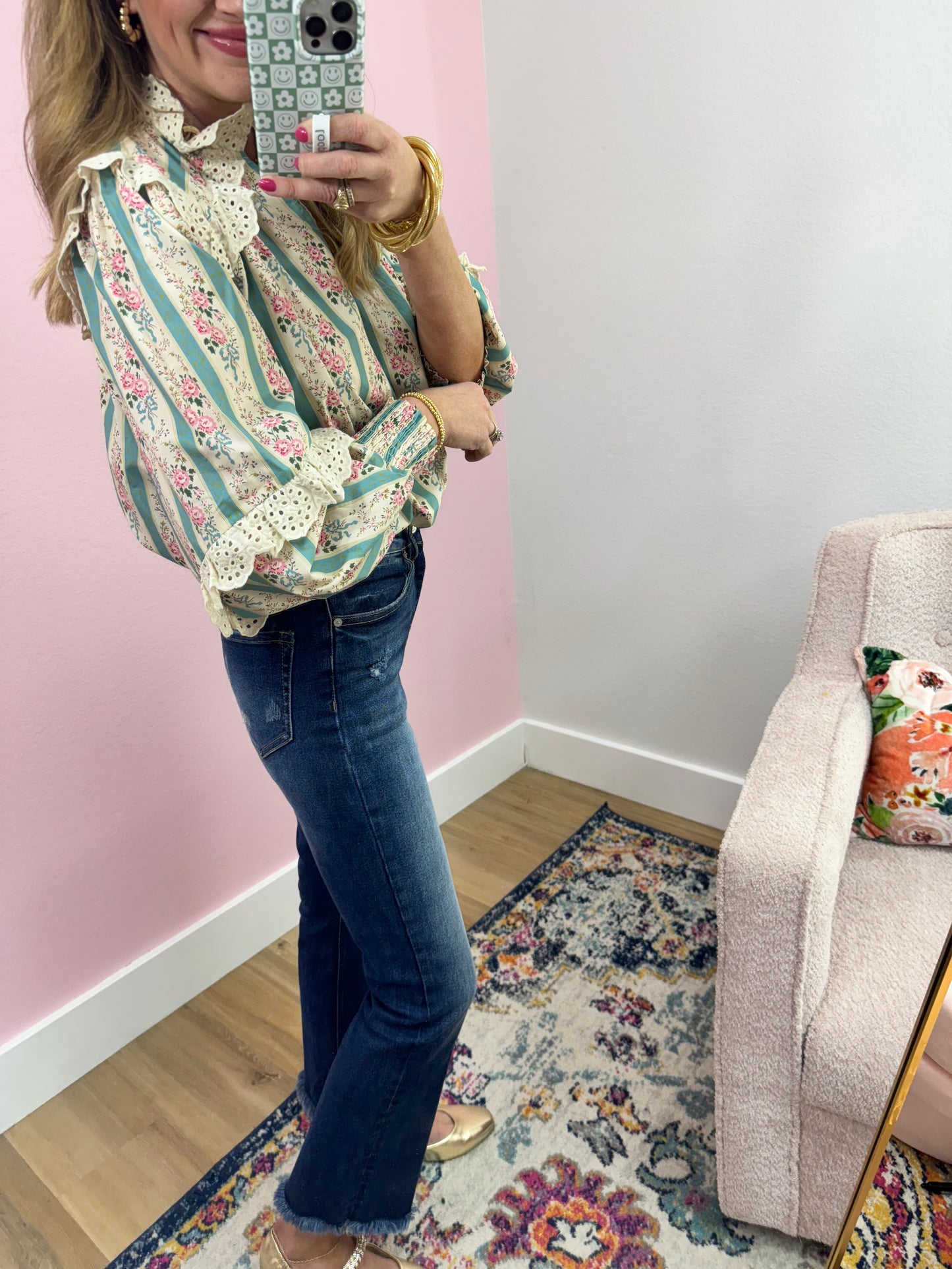 Turquoise and Cream Eyelet Neck Top