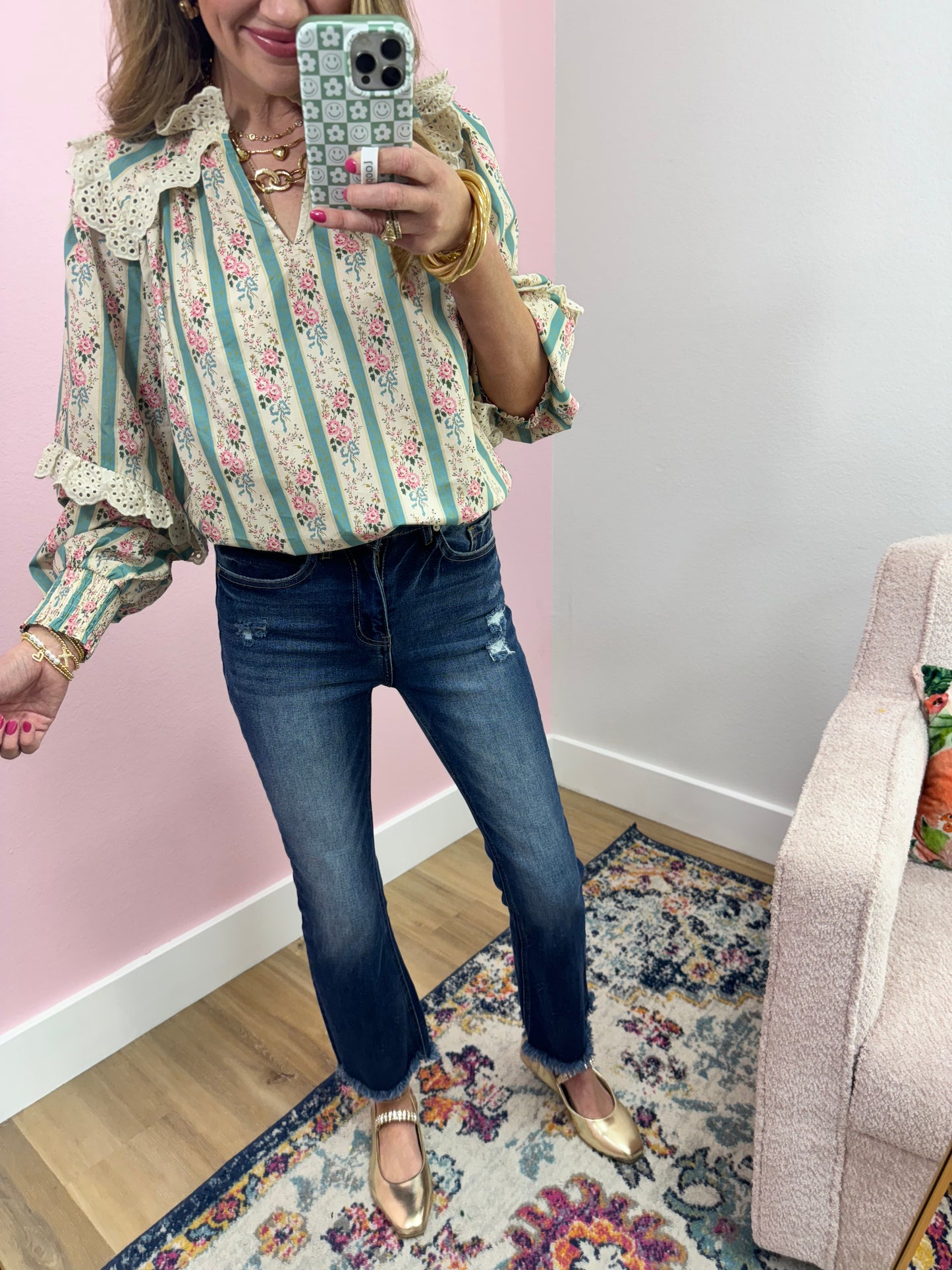 Turquoise and Cream Eyelet Neck Top