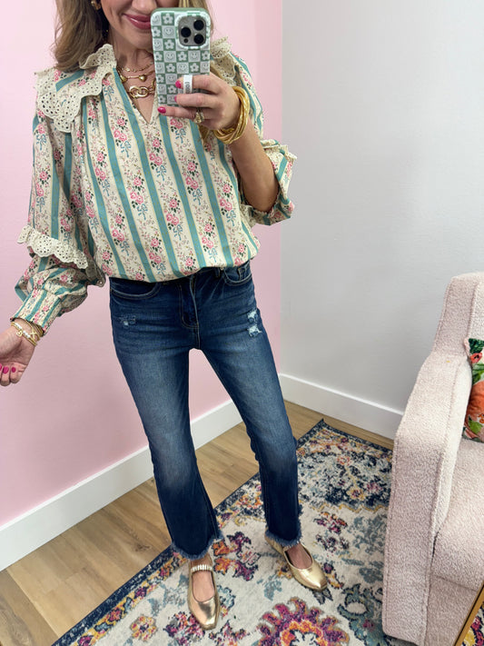 Turquoise and Cream Eyelet Neck Top