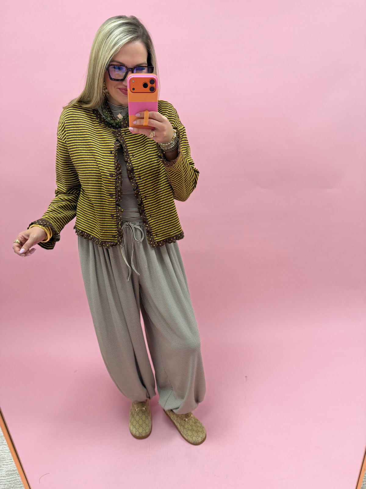 Brown & Cream Striped Knit Mock Neck Top with Drawstring Pants Set