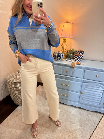 Heather Gray/Ocean Blue Contrasting Striped Sweater with Polo Collar