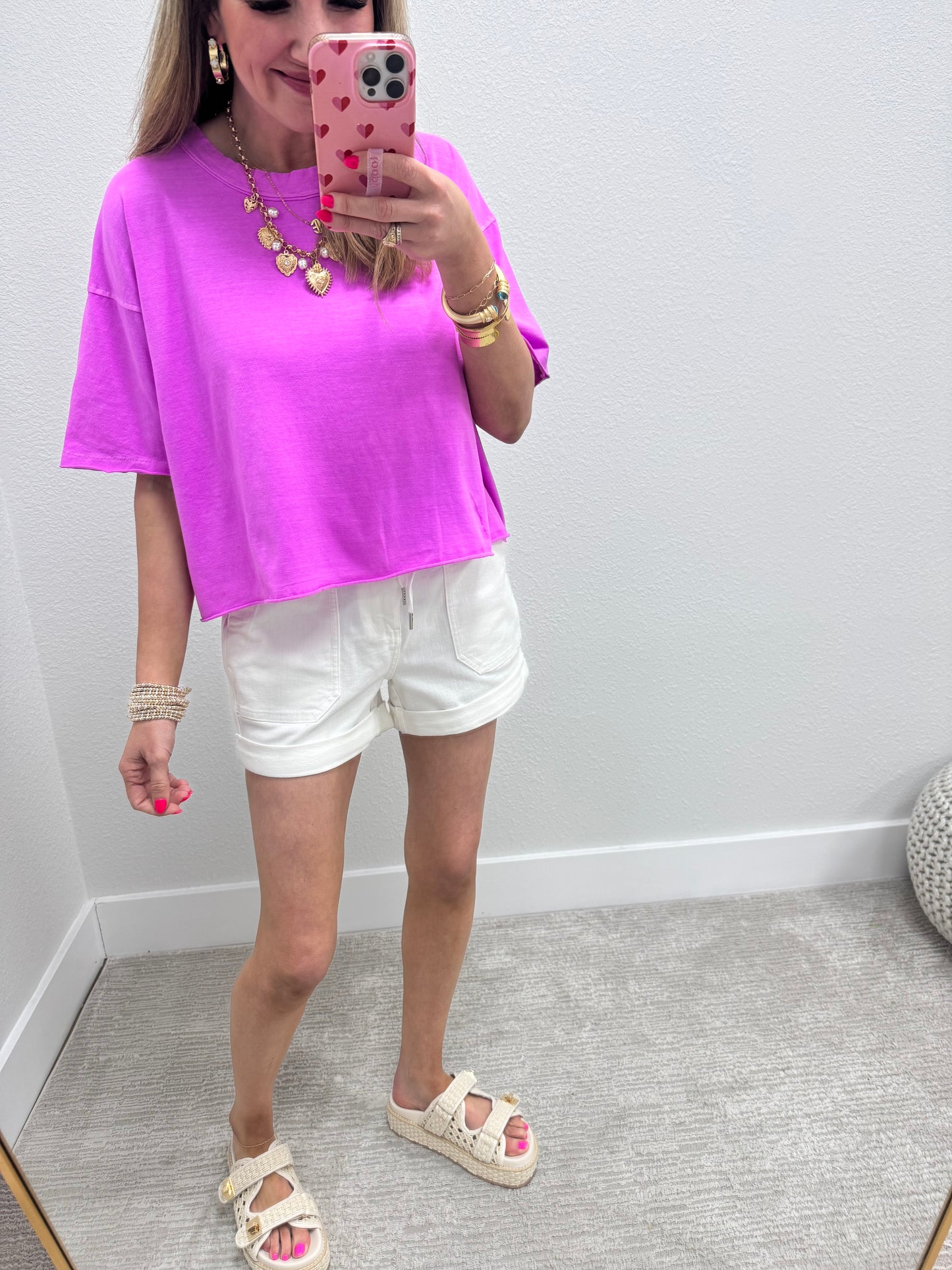 Bright Mauve Washed Cropped Boxy Short Sleeve