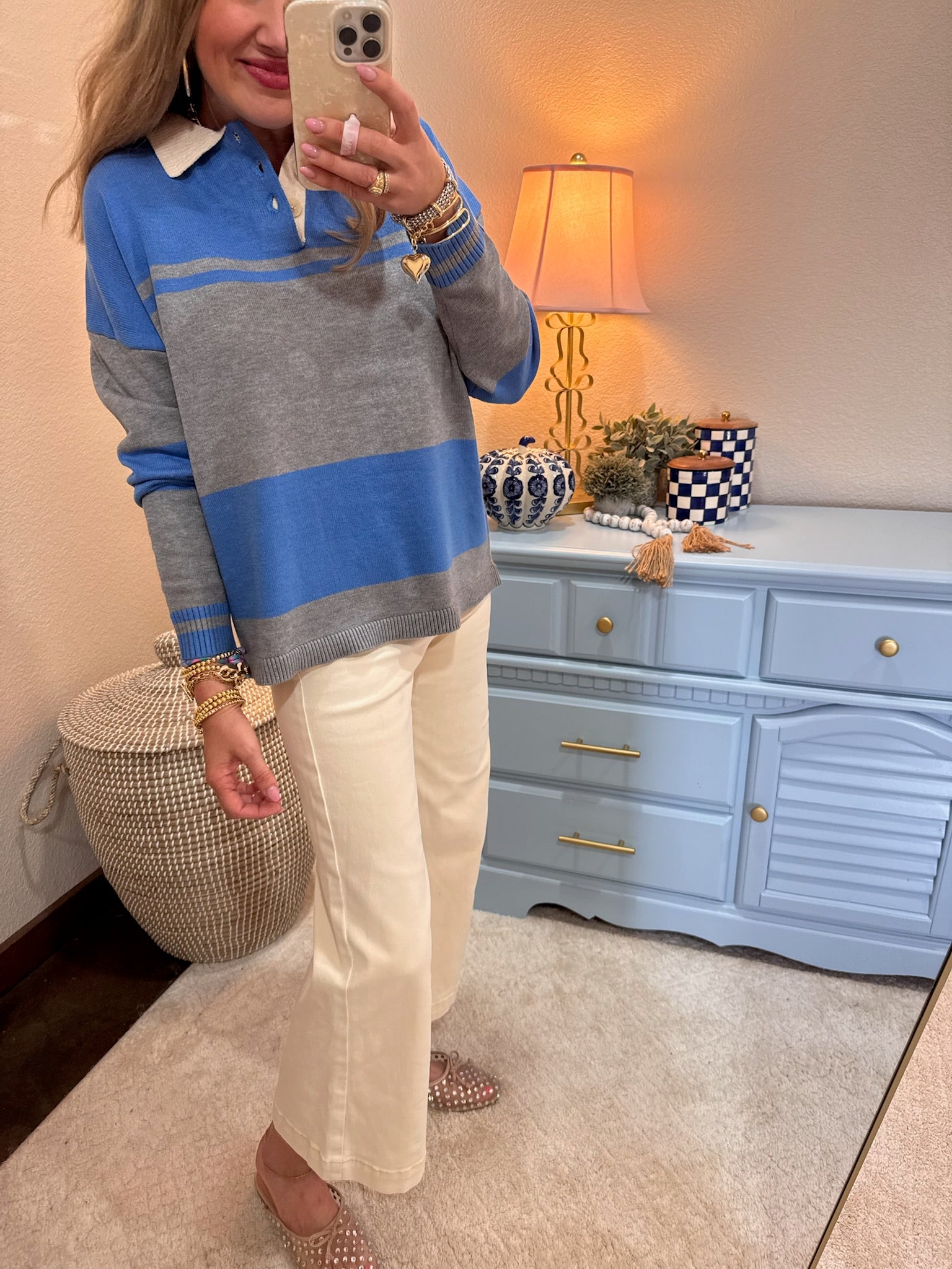 Heather Gray/Ocean Blue Contrasting Striped Sweater with Polo Collar