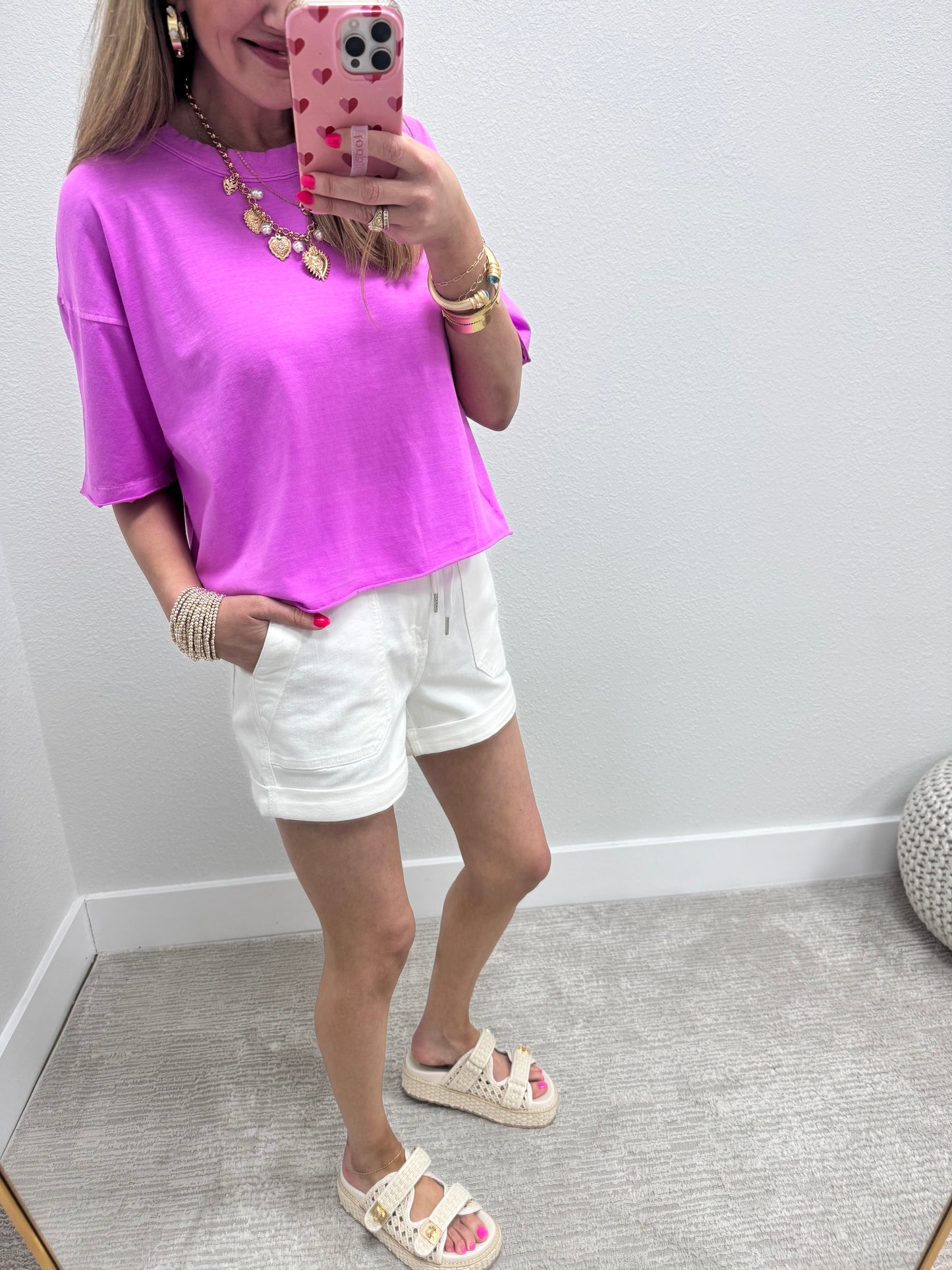 Bright Mauve Washed Cropped Boxy Short Sleeve