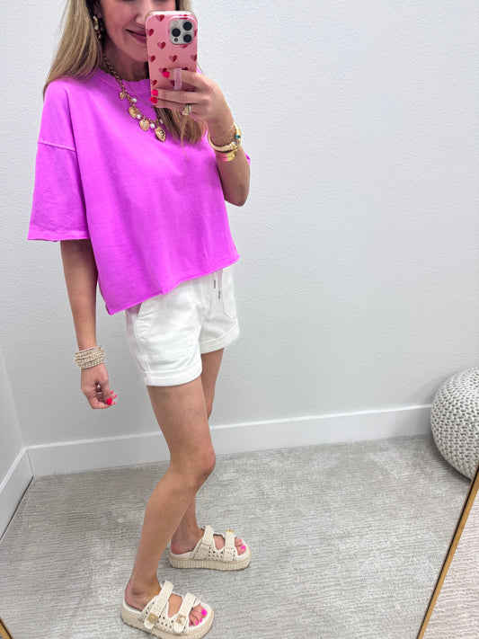 Bright Mauve Washed Cropped Boxy Short Sleeve