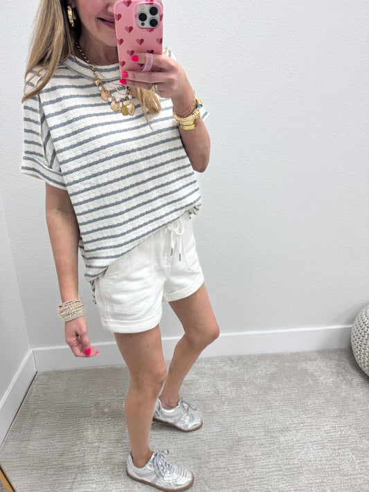 Blue Grey Stripe Jacquard Round Neck Box Tee