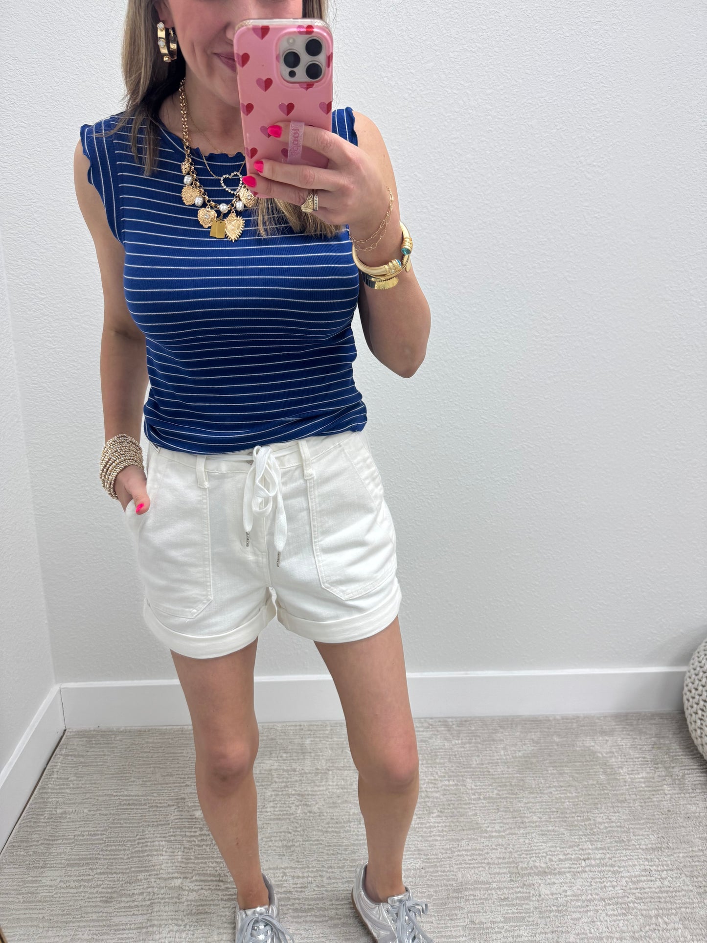 Navy and White Ribbed Ruffle Trim Sleeveless Top