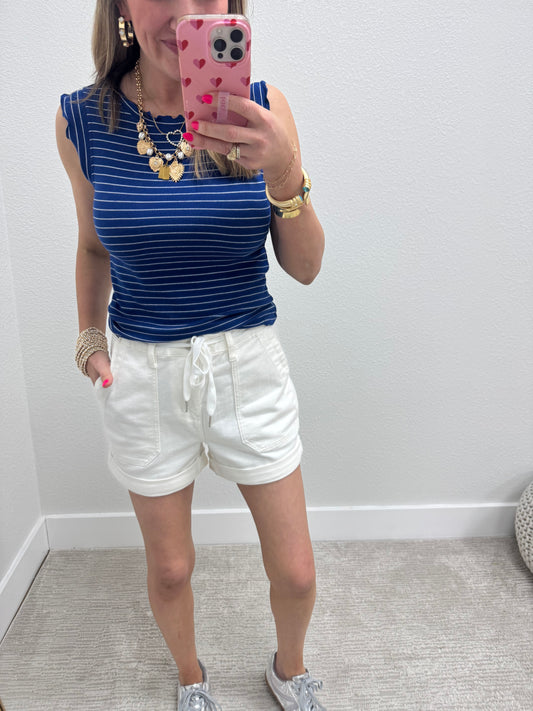 Navy and White Ribbed Ruffle Trim Sleeveless Top