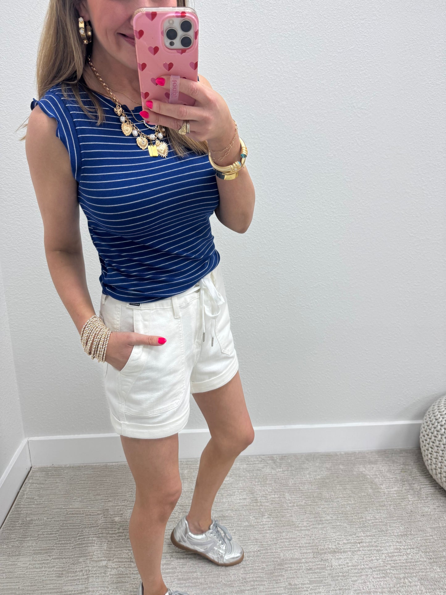 Navy and White Ribbed Ruffle Trim Sleeveless Top