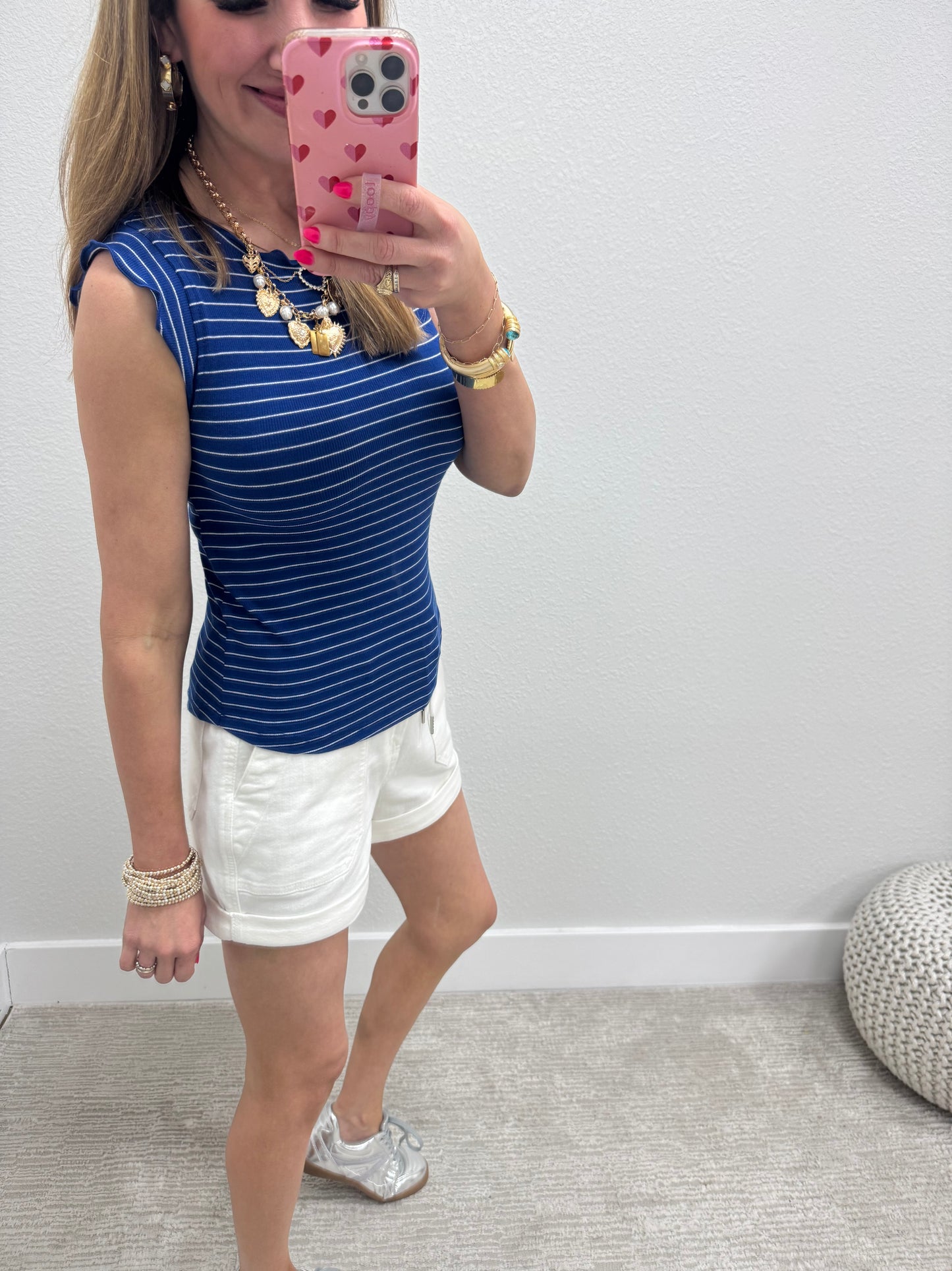 Navy and White Ribbed Ruffle Trim Sleeveless Top