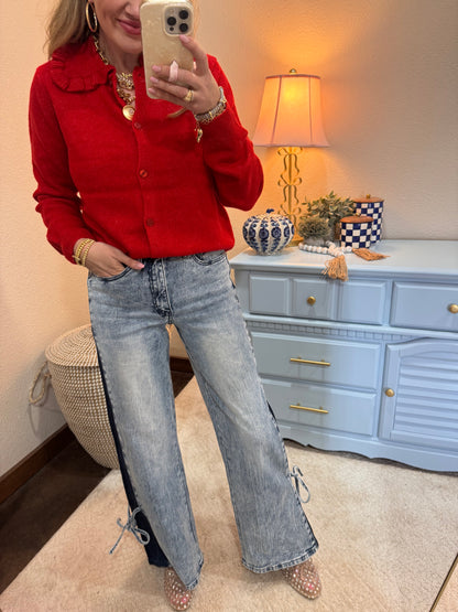 High Rise Contrast Wide Leg With Tie Jeans