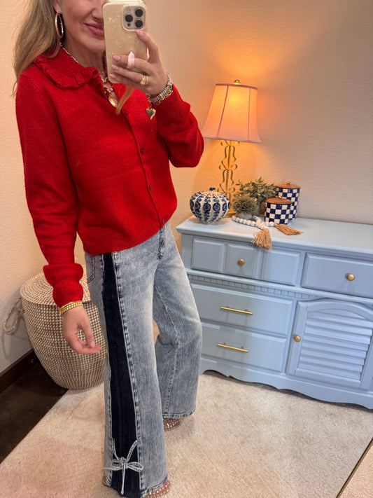 High Rise Contrast Wide Leg With Tie Jeans