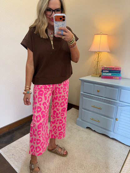 Pink Neon Leopard Cropped Wide Leg Pants