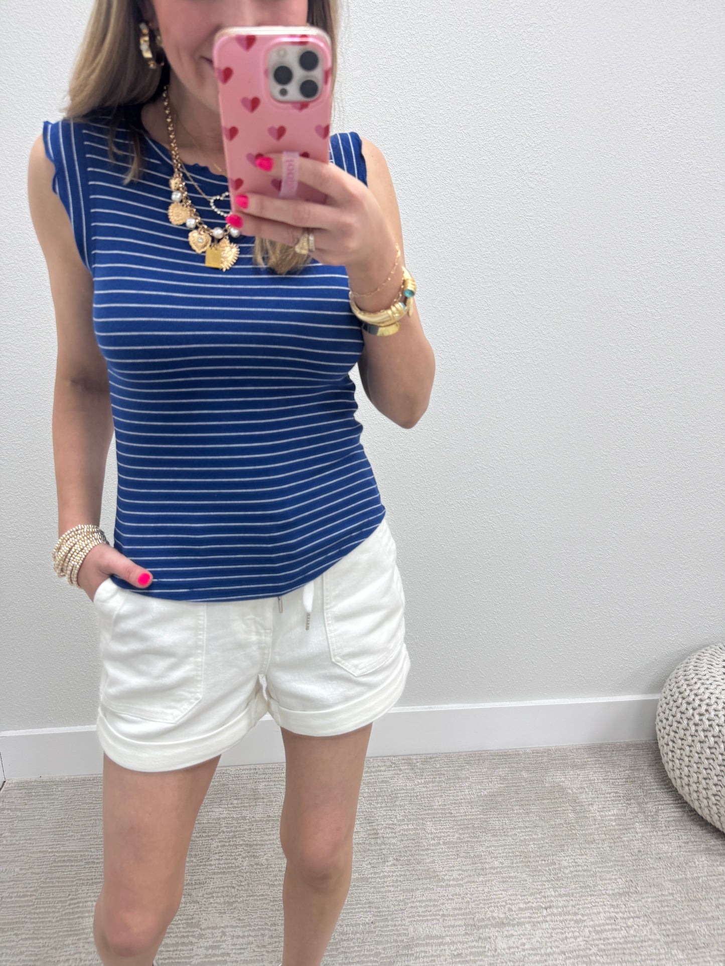 Navy and White Ribbed Ruffle Trim Sleeveless Top