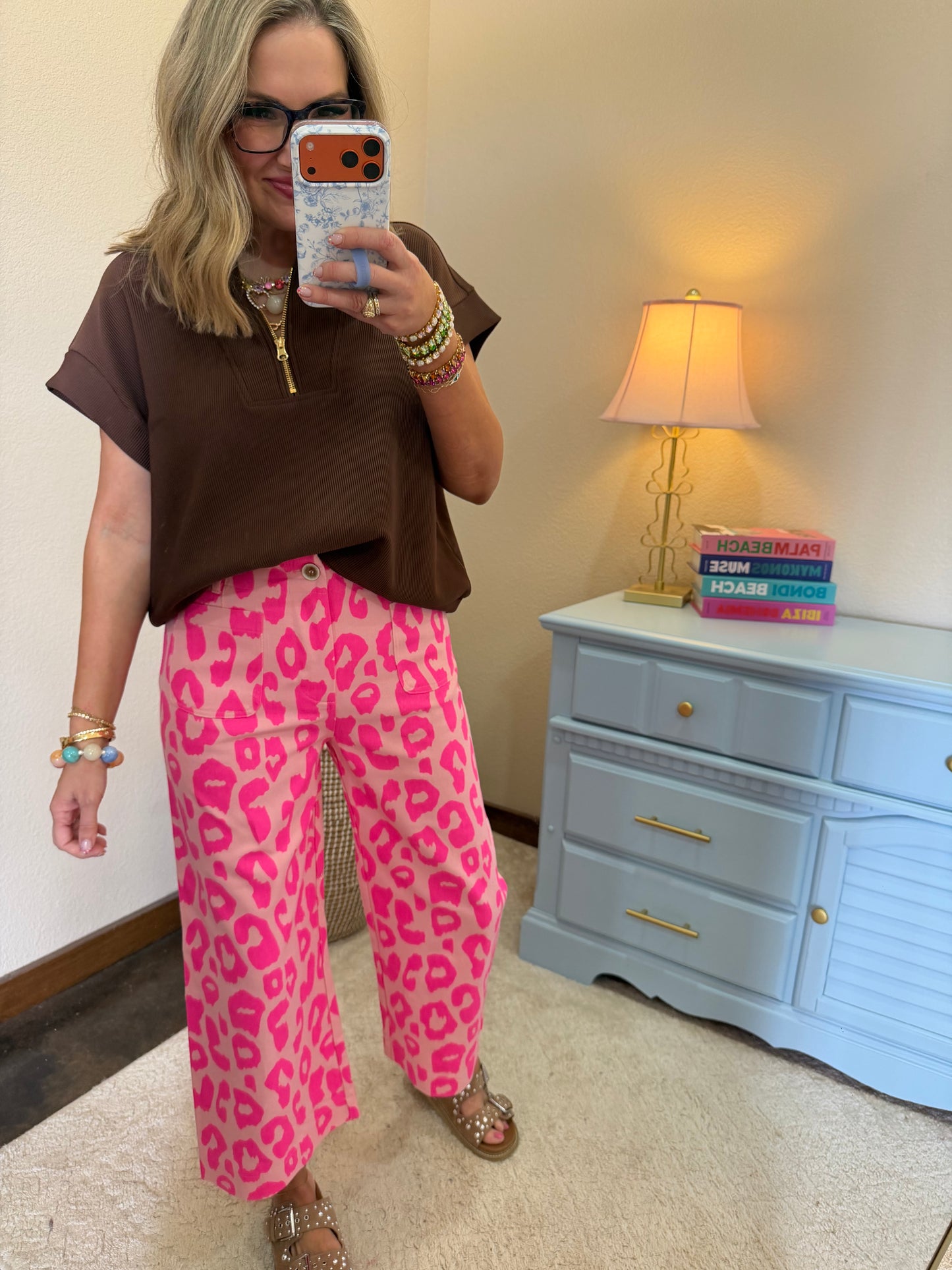 Pink Neon Leopard Cropped Wide Leg Pants