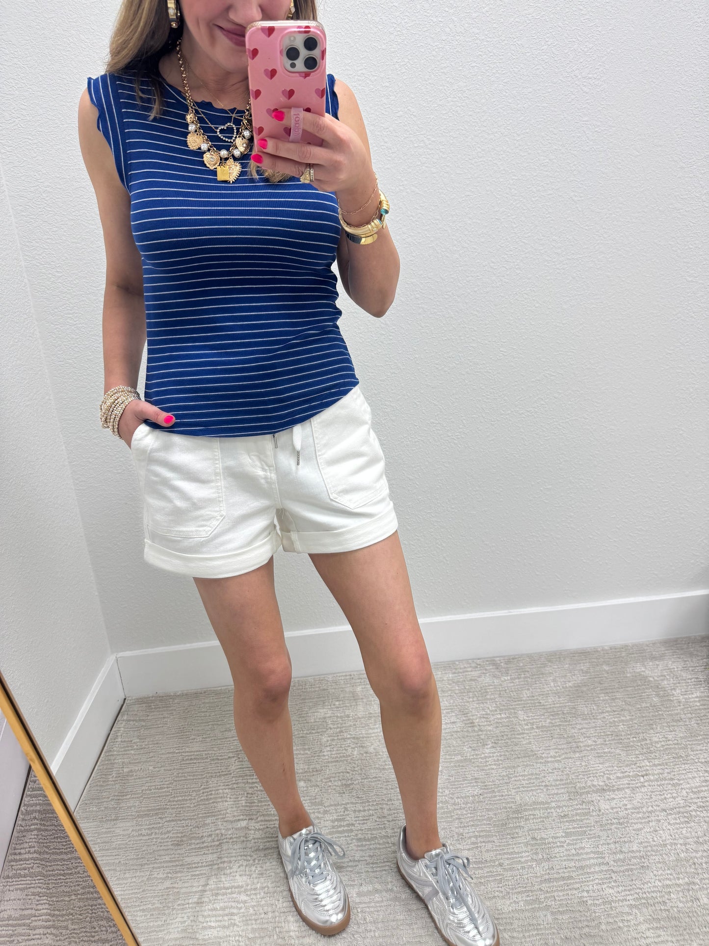 Navy and White Ribbed Ruffle Trim Sleeveless Top