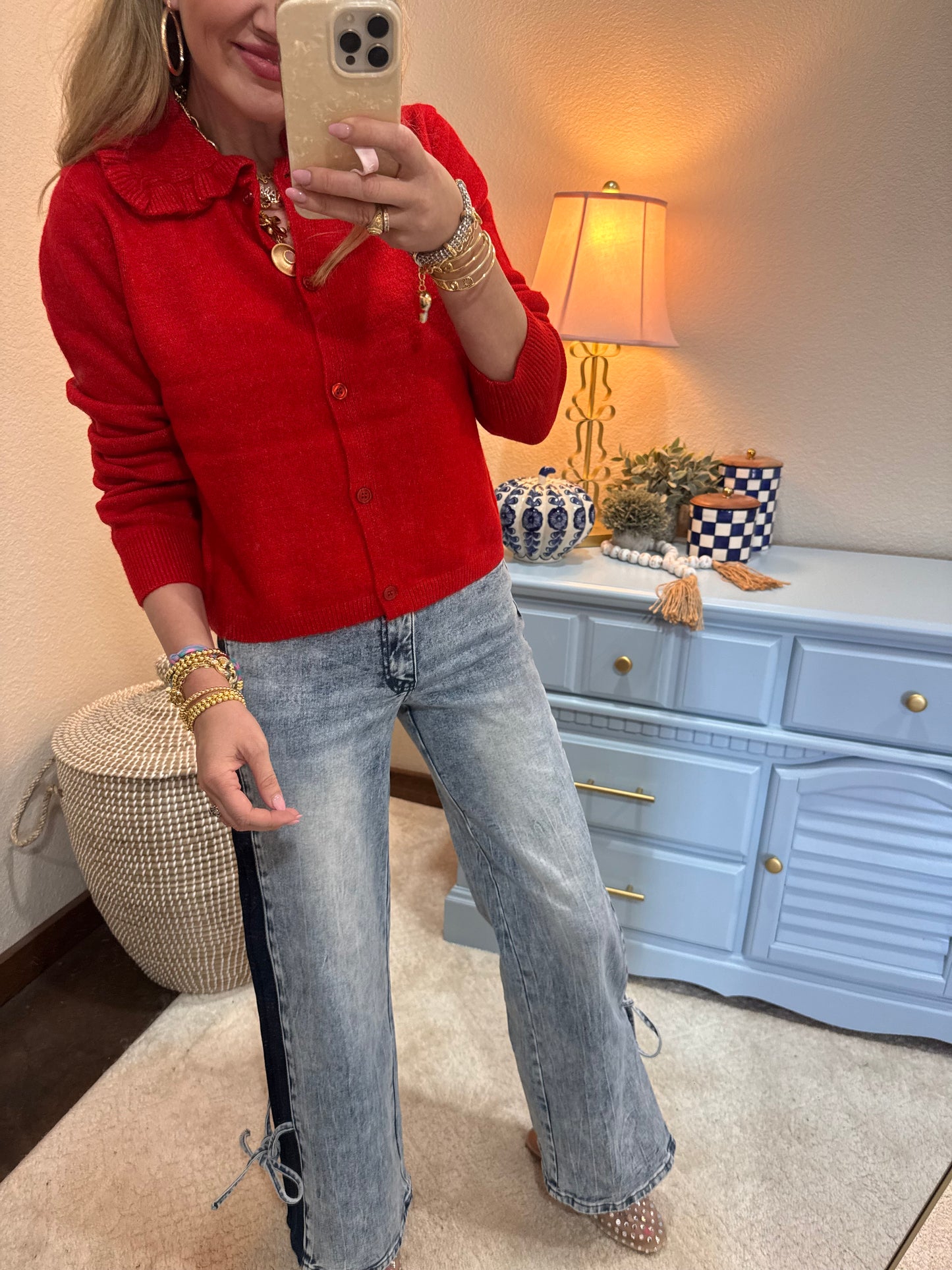 High Rise Contrast Wide Leg With Tie Jeans