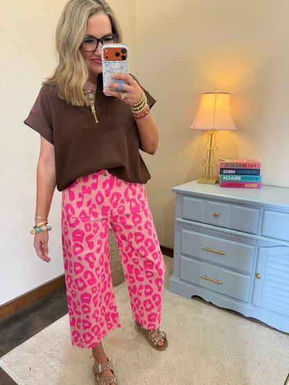 Pink Neon Leopard Cropped Wide Leg Pants