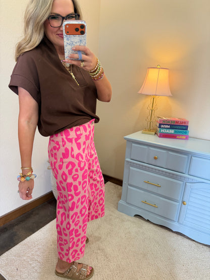 Pink Neon Leopard Cropped Wide Leg Pants