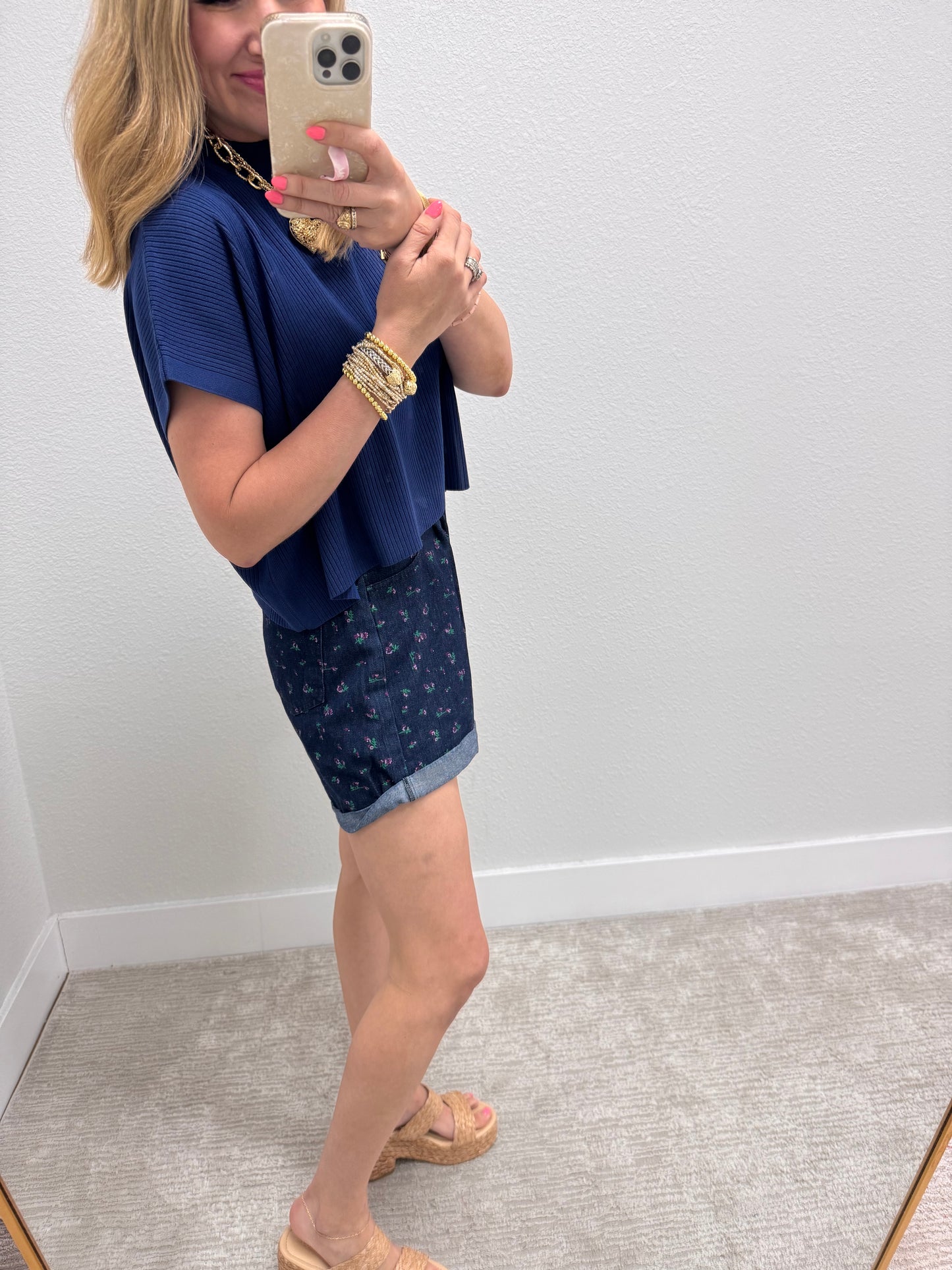 Navy High Neck Ribbed Swing Top